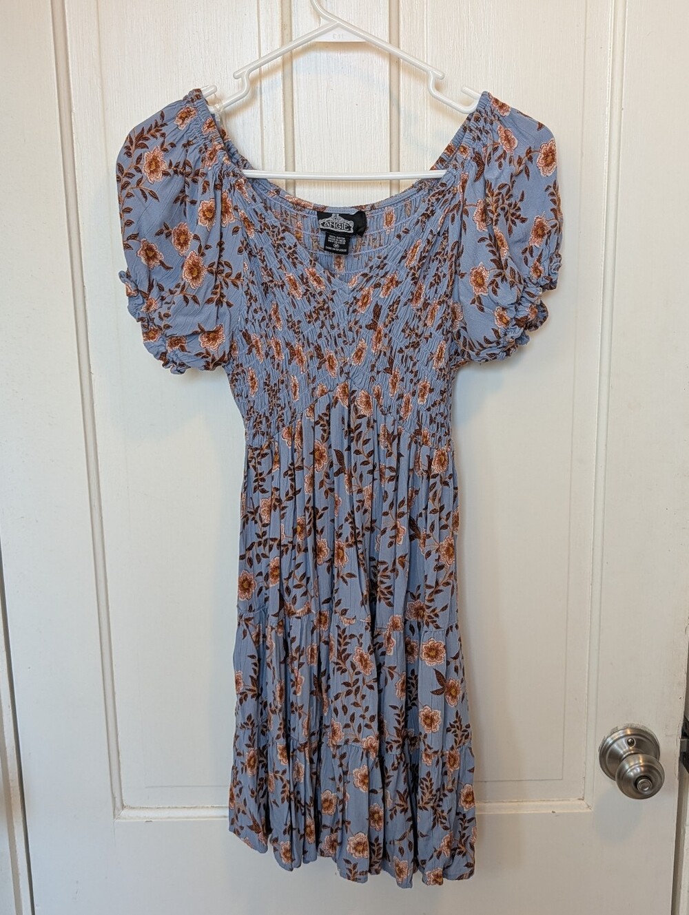 Angie Dusty Blue Floral Puff-Sleeve Dress